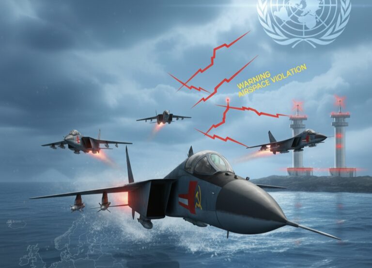 Russian MiG-31 jets violating Estonian airspace with UNSC emblem and Baltic Sea backdrop