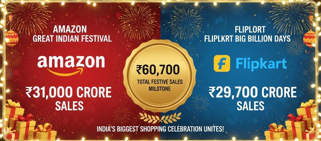 Amazon and Flipkart festive sale banner with ₹60,700 crore sales milestone