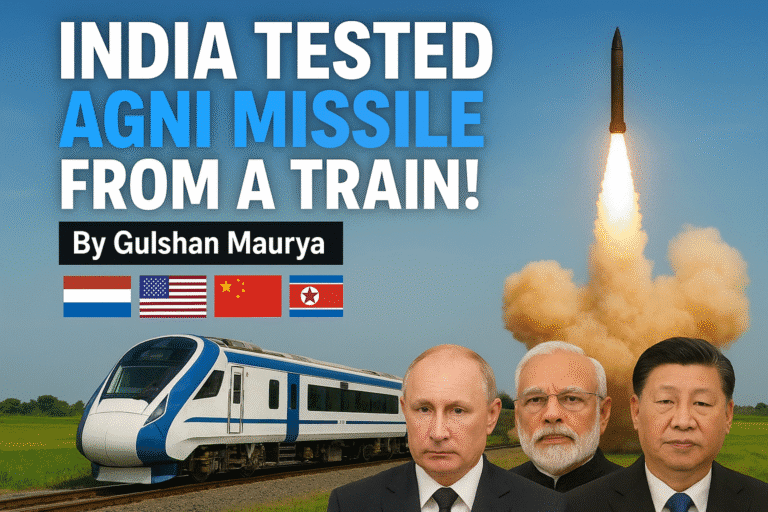 Dramatic YouTube thumbnail showing an Indian train on tracks with a missile launching vertically behind it, fiery smoke trail in the sky. Bold text at the top reads ‘INDIA TESTED AGNI MISSILE FROM A TRAIN!!’. Below, flags of Russia, USA, China, North Korea, and India are displayed. At the bottom, serious portraits of world leaders resembling Kim Jong-un, Vladimir Putin, Narendra Modi, and Xi Jinping.”