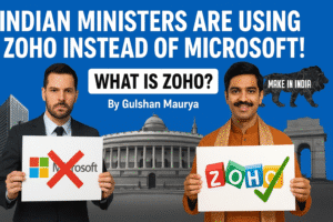 thumbnail showing a man in a suit with a crossed-out Microsoft logo and a man in Indian attire with the Zoho logo and a green checkmark. Bold text reads, “INDIAN MINISTERS ARE USING ZOHO INSTEAD OF MICROSOFT!!” with the subheading, “WHAT IS ZOHO? By Gulshan Maurya.” Background includes Indian Parliament, India Gate, and the “Make in India” lion.