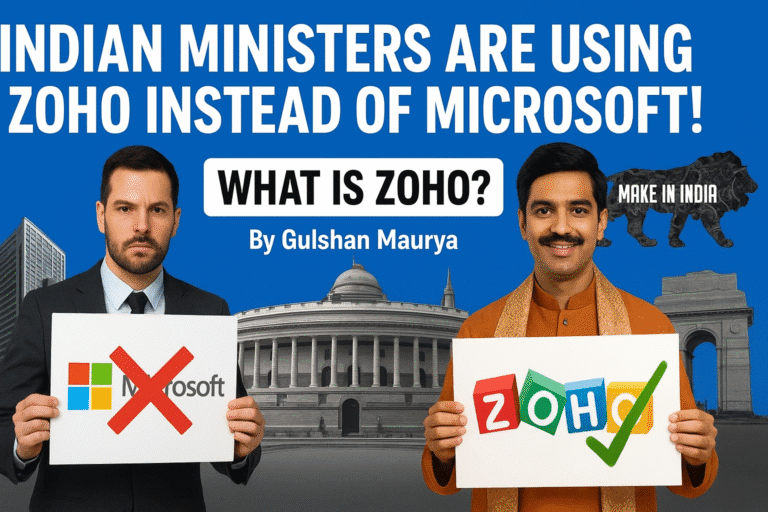thumbnail showing a man in a suit with a crossed-out Microsoft logo and a man in Indian attire with the Zoho logo and a green checkmark. Bold text reads, “INDIAN MINISTERS ARE USING ZOHO INSTEAD OF MICROSOFT!!” with the subheading, “WHAT IS ZOHO? By Gulshan Maurya.” Background includes Indian Parliament, India Gate, and the “Make in India” lion.