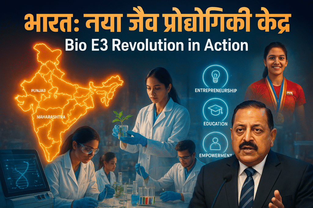 Bharat sarkar ne Bio E3 Cells aur kshetriya navachar ke zariye Bharat ko jaiv praudyogiki kendra banane ki disha mein nayi ranniti shuru ki hai.