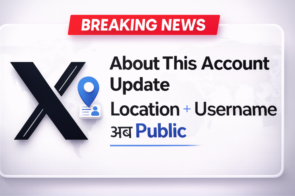 X का नया “About This Account” फीचरBreaking news style thumbnail showing X (Twitter) logo with location pin and username icon, highlighting the update that user Location and Username History are now public, modern dark theme design.