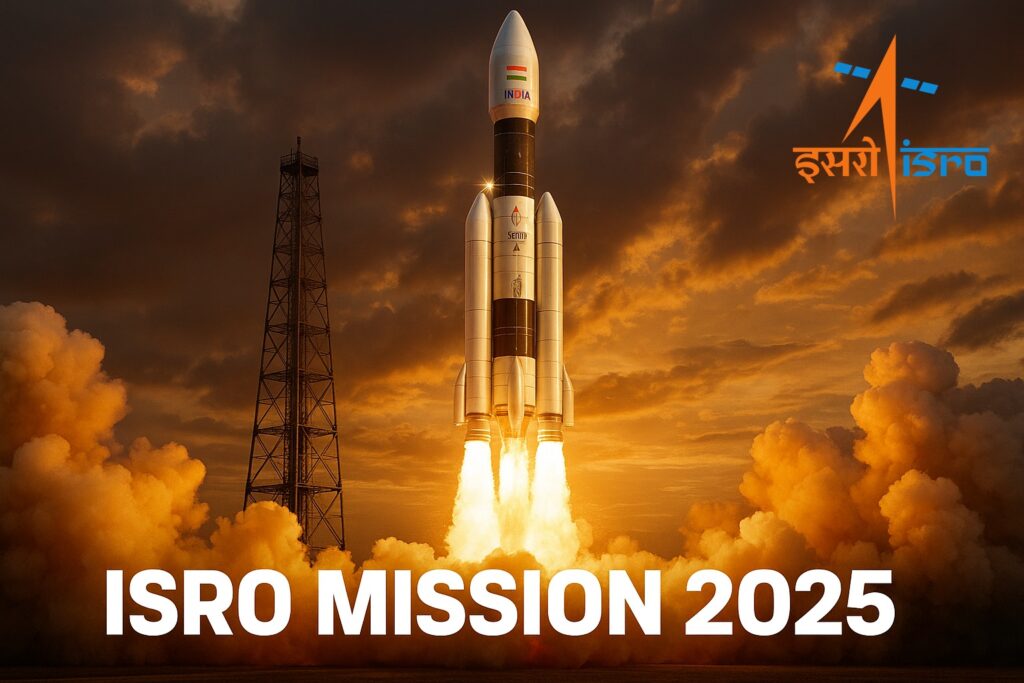 A highly realistic ISRO rocket lifting off with bright fiery exhaust and massive smoke clouds under a dramatic orange–golden sunset sky, launch tower visible on the left, and bold title text ‘ISRO MISSION 2025’ at the bottom.