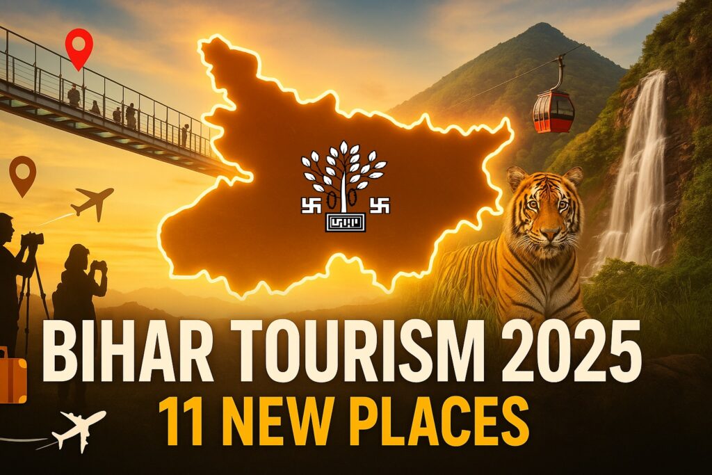 2025 के बिहार के 11 नए Tourism Spots Surrounding it are Bihar’s new tourist attractions: the Patna Glass Bridge with people walking, Rajgir Ropeway gondola over green hills, Valmiki Tiger Reserve with a realistic tiger, and the Kaimur waterfall. Warm sunset lighting, silhouettes of tourists taking photos, location pins, airplane trail, suitcase icon, and bold text reading
