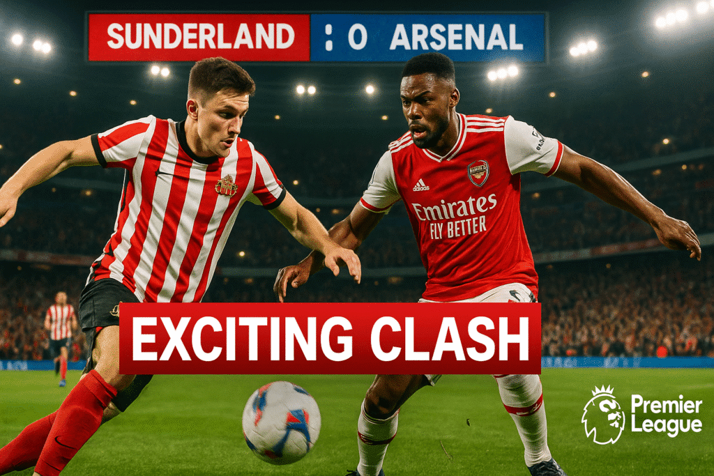 Sunderland andArsenal football players in action during Premier League match, stadium background, vibrant atmosphere. Sunderland vs Arsenal