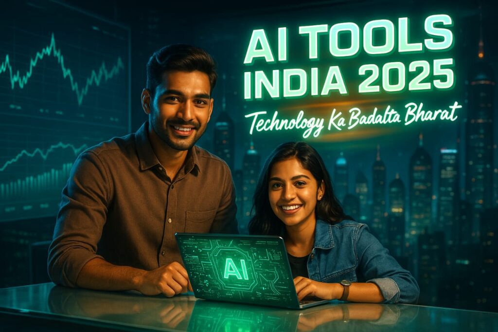 Realistic AI Tools India 2025 thumbnail showing Indian youth working on laptops with glowing AI circuit graphics, futuristic cityscape in background, dramatic headline and tech revolution theme