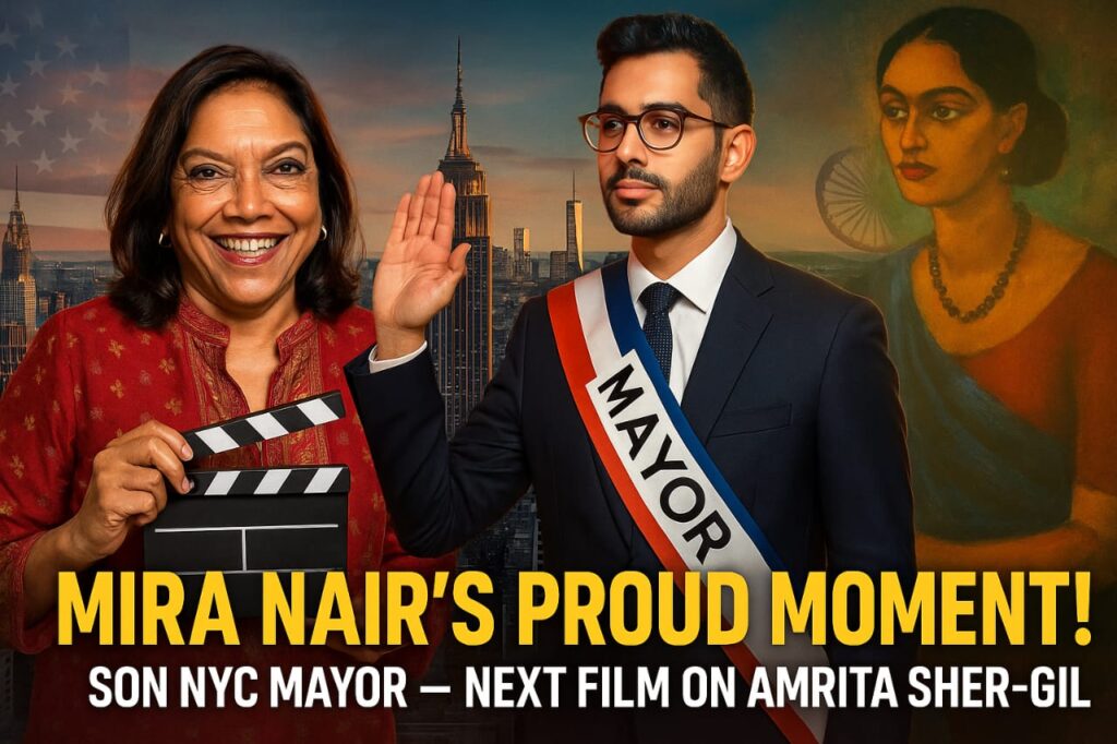 Mira Nair smiling, holding a director’s clapboard; her son Zohran Mamdani taking NYC Mayor oath; New York skyline in background; subtle US and Indian flags; Amrita Sher-Gil artwork elements; vibrant, cinematic scene representing proud family achievement.