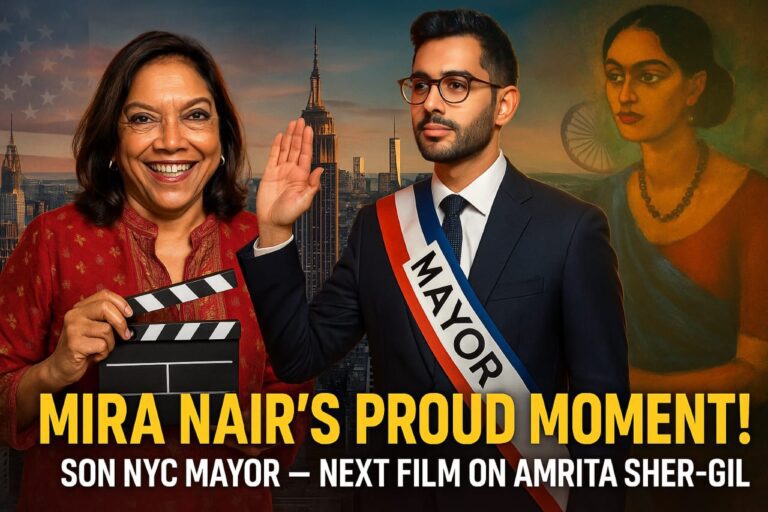 Mira Nair smiling, holding a director’s clapboard; her son Zohran Mamdani taking NYC Mayor oath; New York skyline in background; subtle US and Indian flags; Amrita Sher-Gil artwork elements; vibrant, cinematic scene representing proud family achievement.